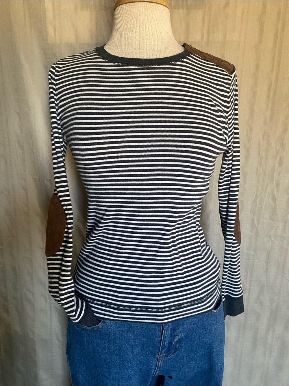 Lauren Ralph Lauren Striped Long-Sleeve Top w/ Brown Suede Elbow Patches